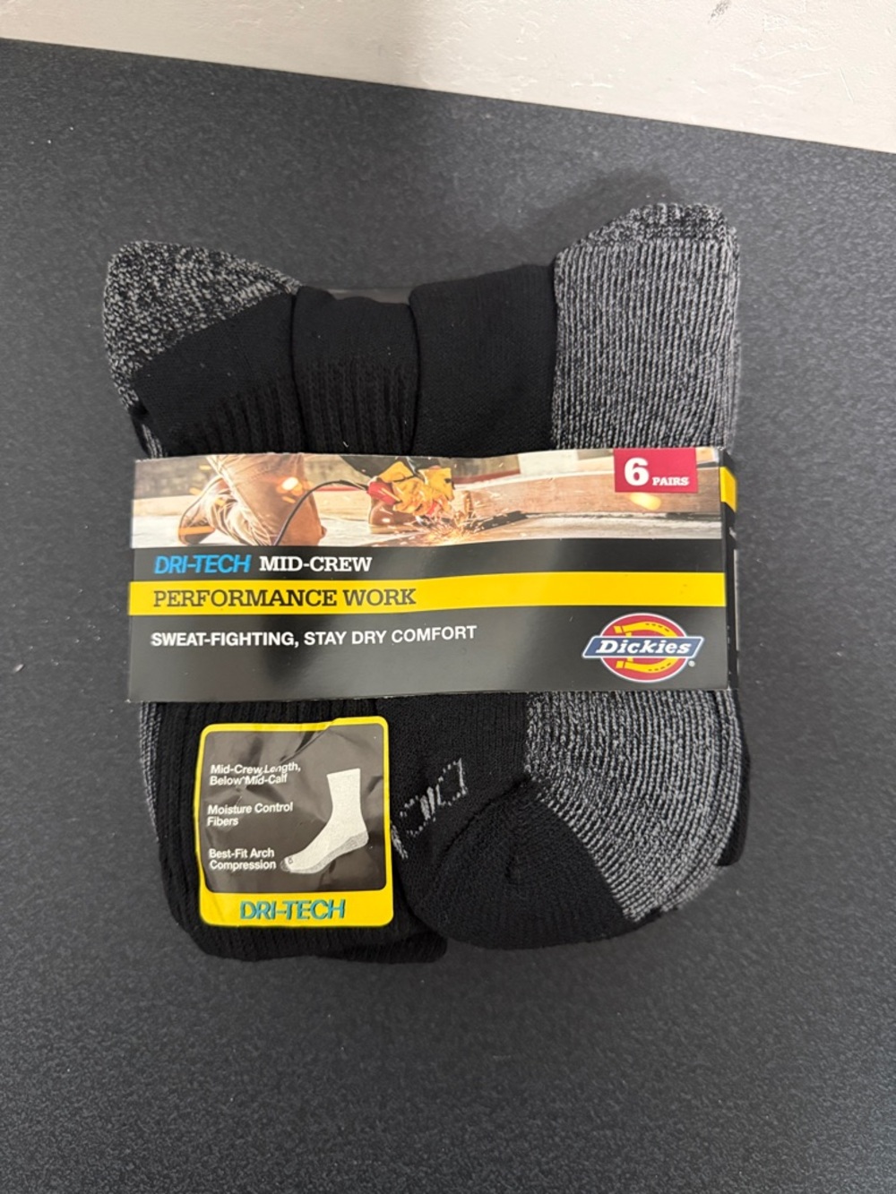 Dickies Mid-Crew Performance Work Socks - Black and Gray (6 Pack)